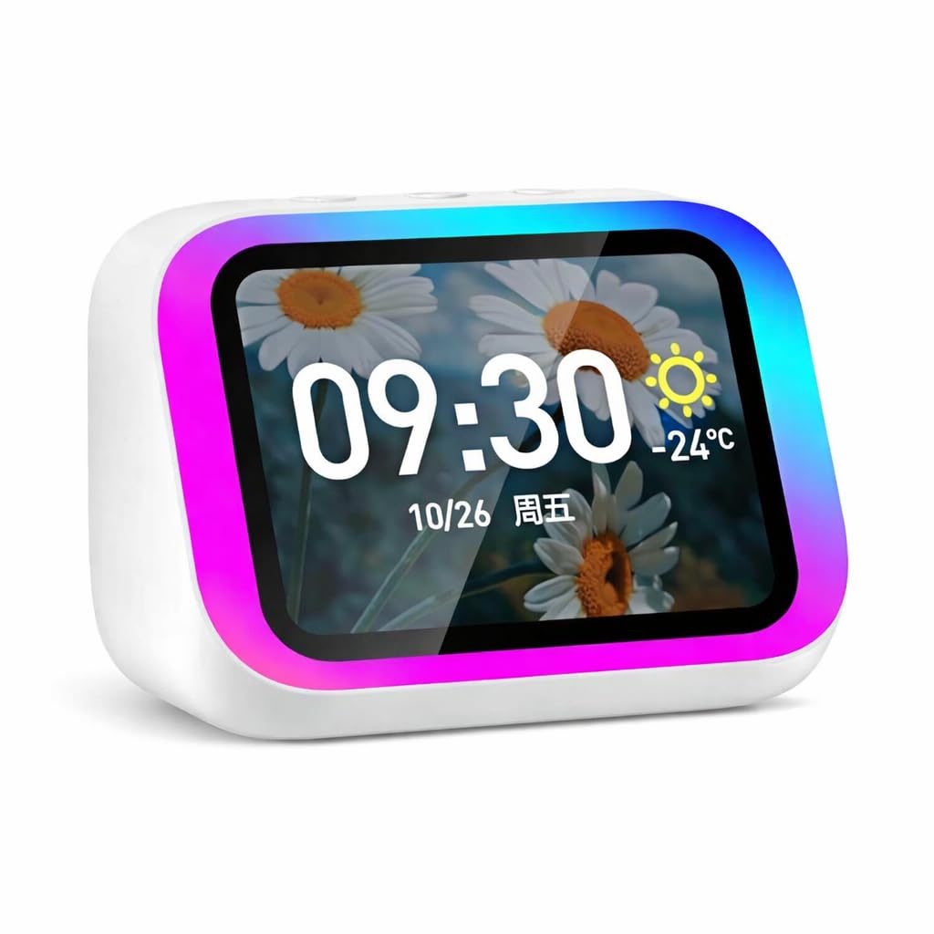 AI Voice Assistant Smart Digital Alarm Clock with Wireless Bluetooth 5.4 Speaker & Dynamic RGB Light,HI-FI Stereo Sound,HD Large Touchscreen Display, Hand Free Calling,Weather Forecast (White)