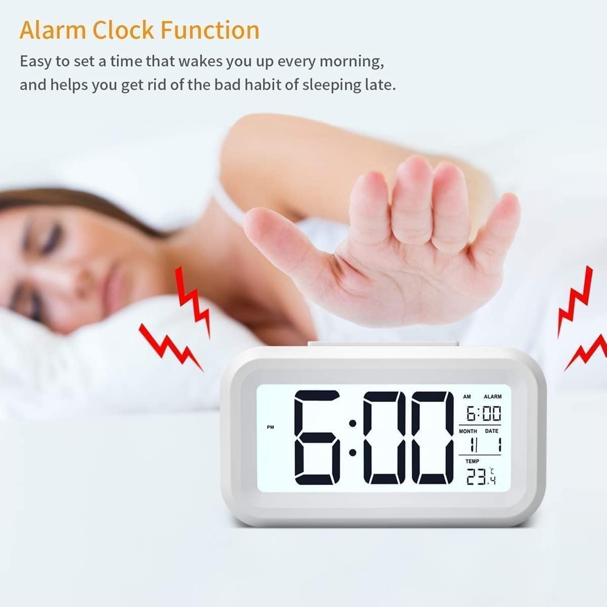 Digital Alarm Clock, Table Clock with Automatic Sensor, Date and Temperature Display(White)