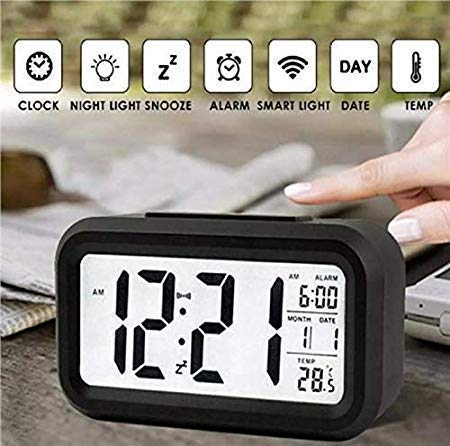 Digital Alarm Clock Table Office Clock with Date Time Temperature Night Light Sensor(Black)