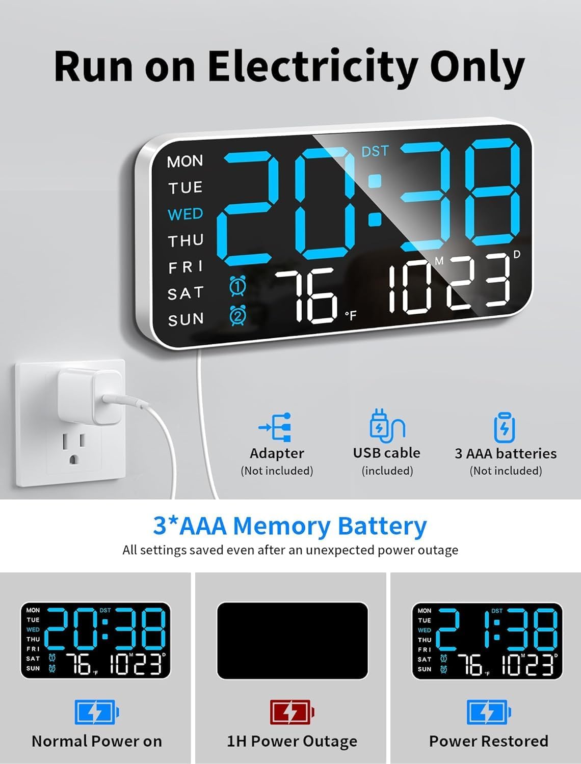 Alarm Wall Clock 9-Inch, Adjustable Brightness,12/24 Hour Format