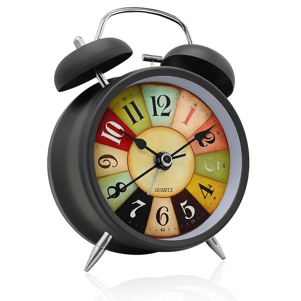 Table Clock with Two Bells, Analog Display, Night LED Light(Black Vintage)