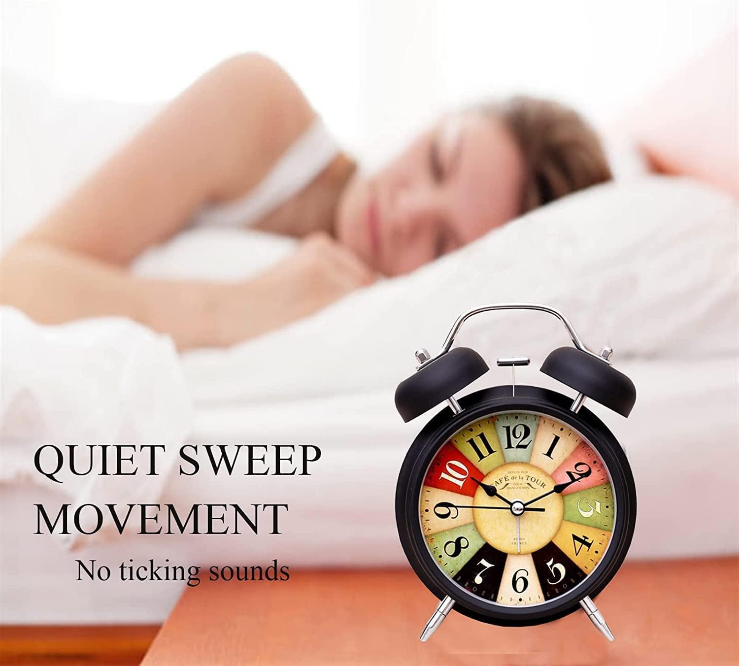 Table Clock with Two Bells, Analog Display, Night LED Light(Black Vintage)