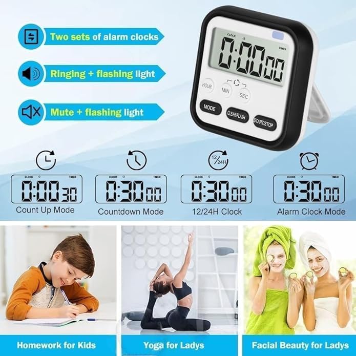 Digital Kitchen Timer and Stopwatch, 24-Hour Countdown, (Black)