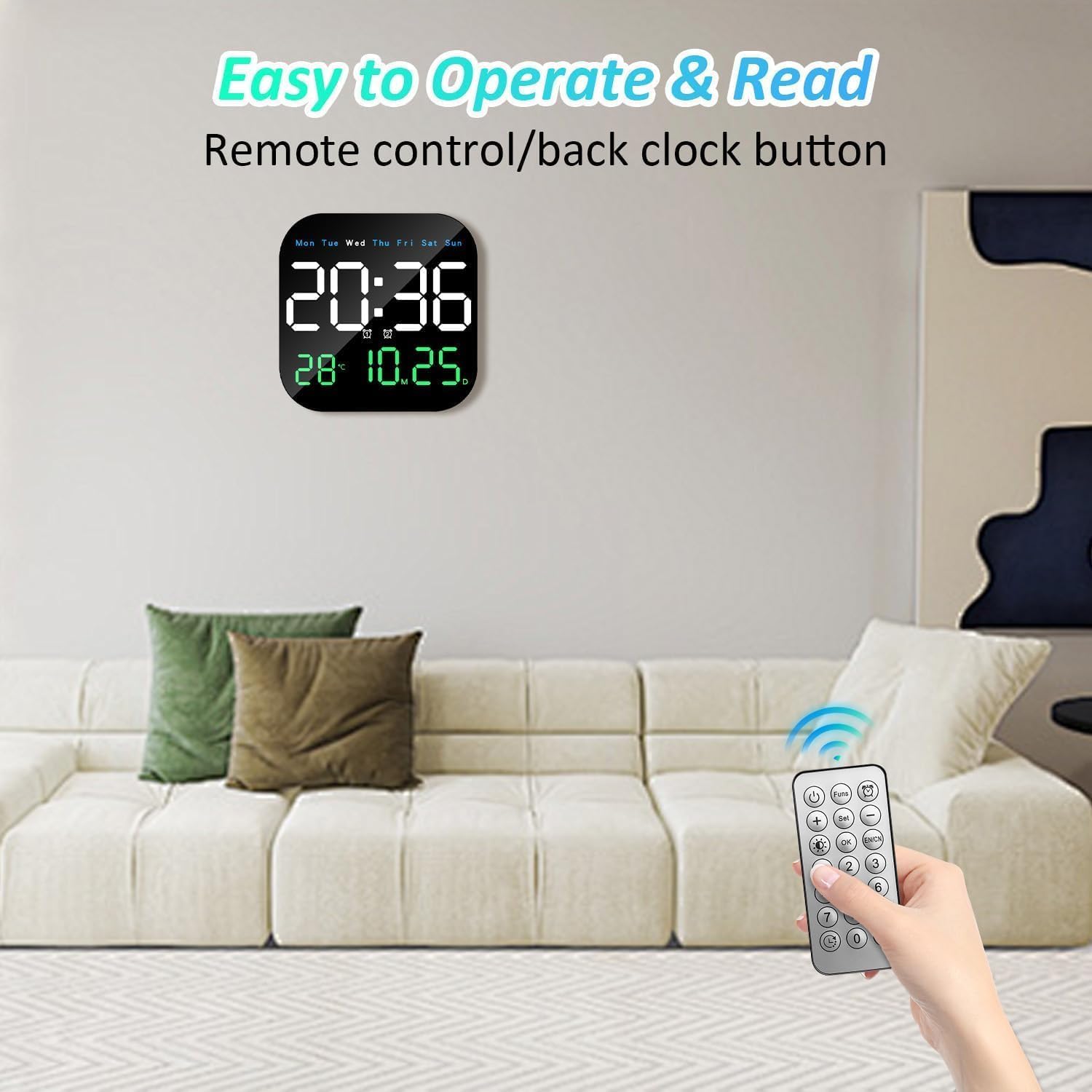 Digital Alarm Wall Clock, LED Display with Date, Temperature, Day of Week With Remote Control