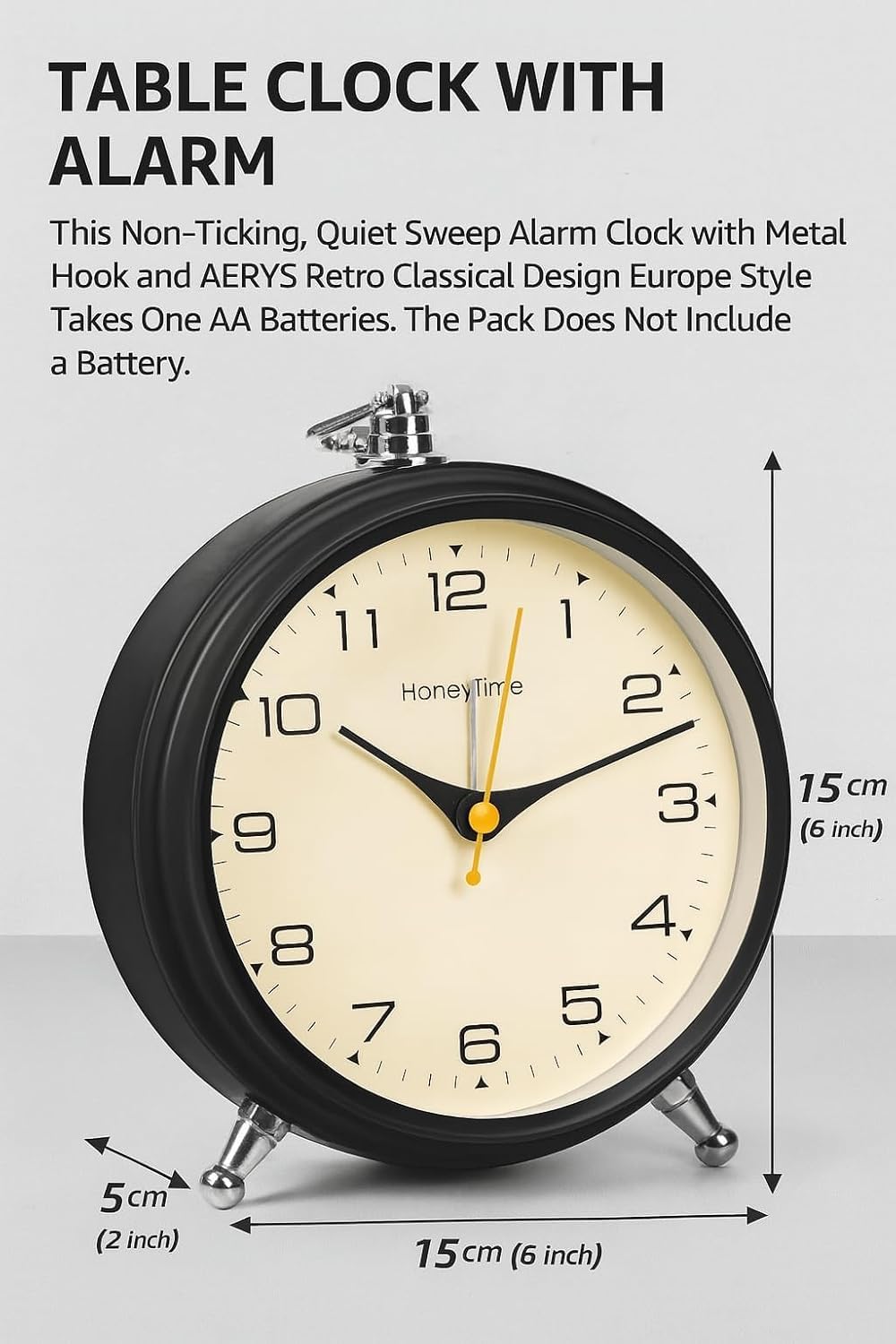 Honeytime Metal Alarm Clock Wall & Table Clock for Study Analog Silent Vintage Clock-13 Cm Black