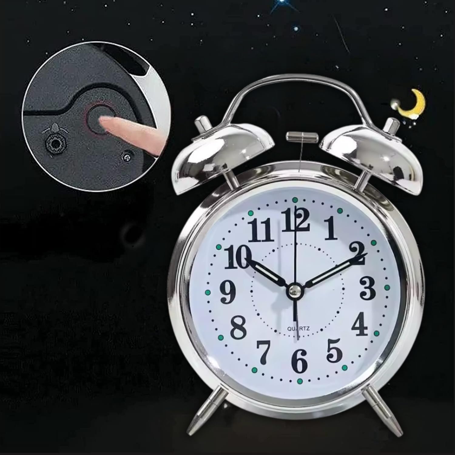 Retro Twin Bell Table Clock, Metal Frame Alarm Clock with Night Backlight,(Silver Clock)