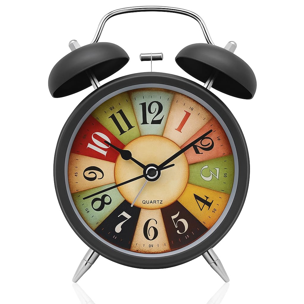 Table Clock with Two Bells, Analog Display, Night LED Light(Black Vintage)
