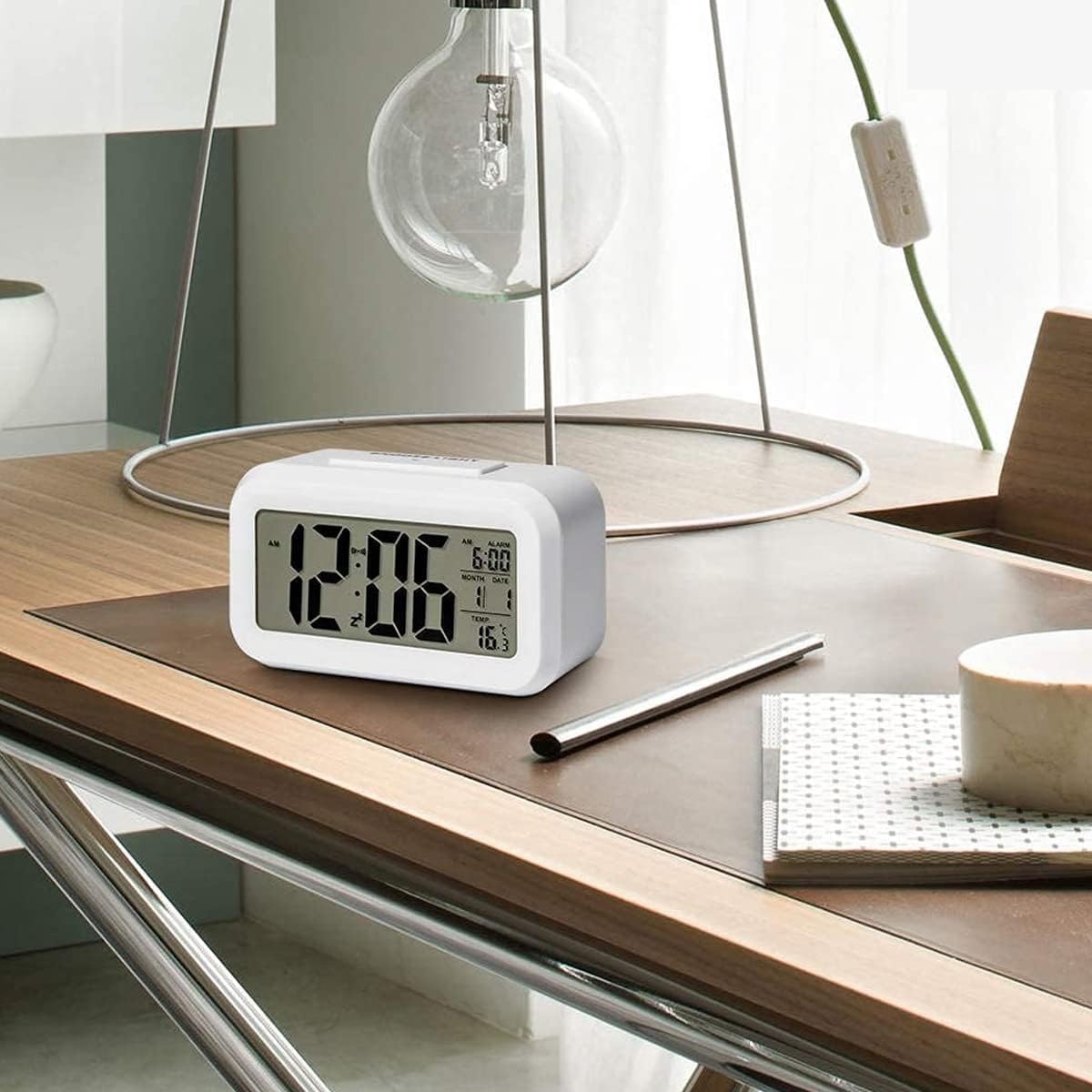 Digital Alarm Clock, Table Clock with Automatic Sensor, Date and Temperature Display(White)