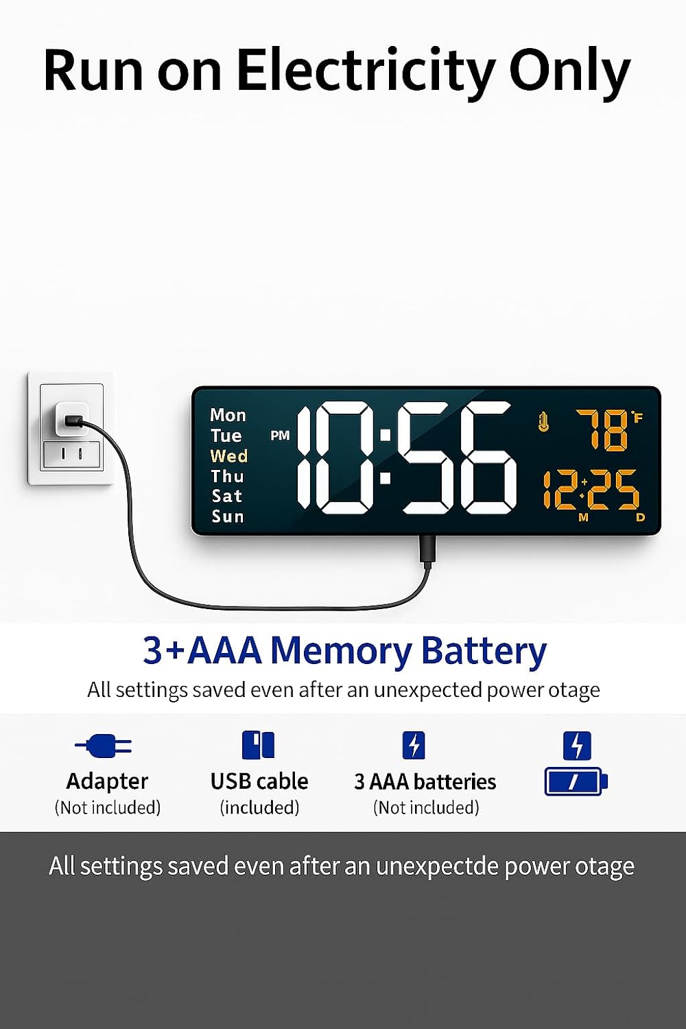 Digital Alarm Wall Clock & Table Clock With Large LED Display 16.2-Inch
