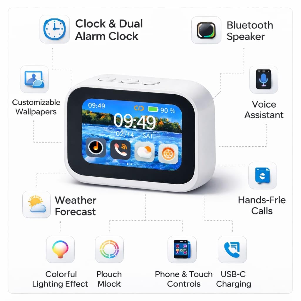 AI Voice Assistant Smart Digital Alarm Clock with Wireless Bluetooth 5.4 Speaker & Dynamic RGB Light,HI-FI Stereo Sound,HD Large Touchscreen Display, Hand Free Calling,Weather Forecast (White)