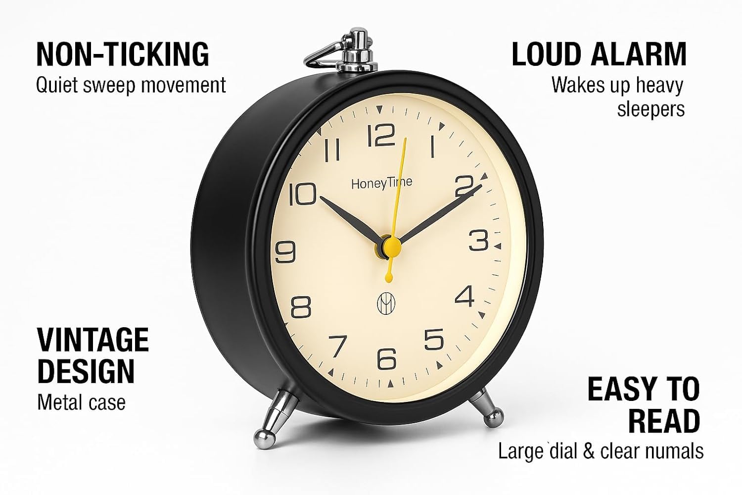 Honeytime Metal Alarm Clock Wall & Table Clock for Study Analog Silent Vintage Clock-13 Cm Black