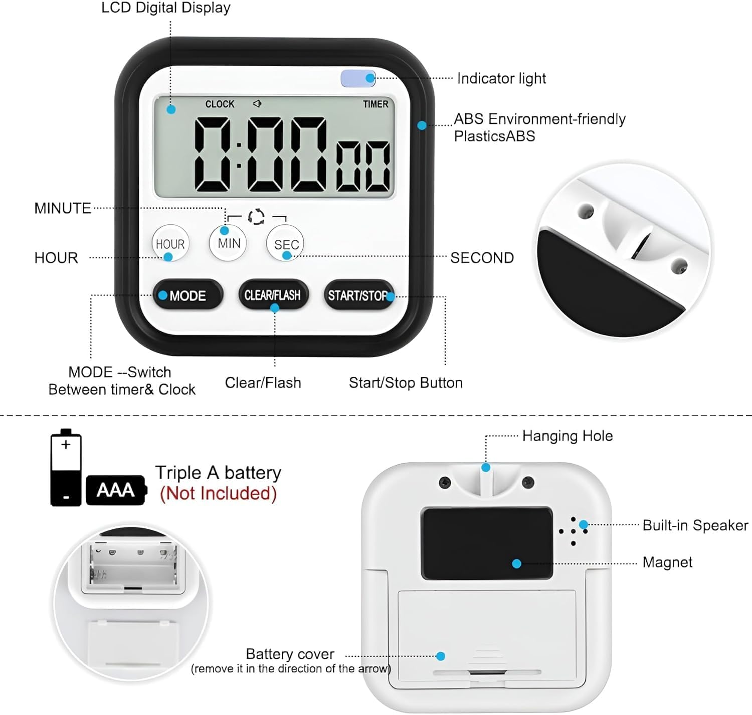 Digital Kitchen Timer & Stopwatch, Large Digit Countdown with Back Magnetic Retractable Stand