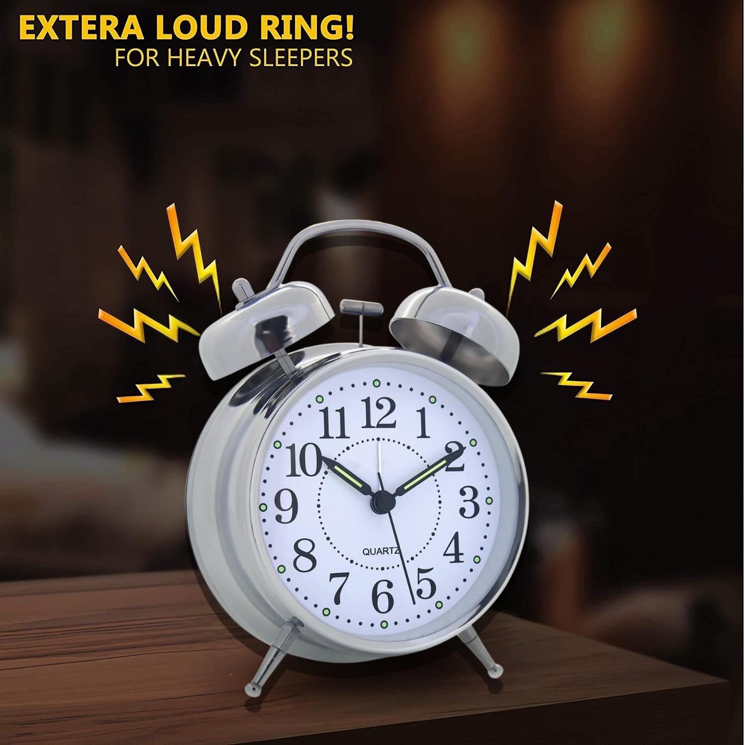 Retro Twin Bell Table Clock, Metal Frame Alarm Clock with Night Backlight,(Silver Clock)