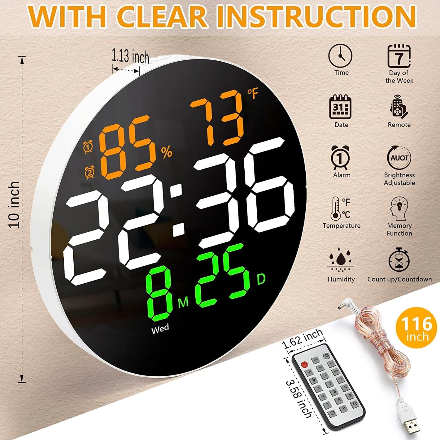 Digital Alarm Wall Clock Table Clock with Remote 10-Inch