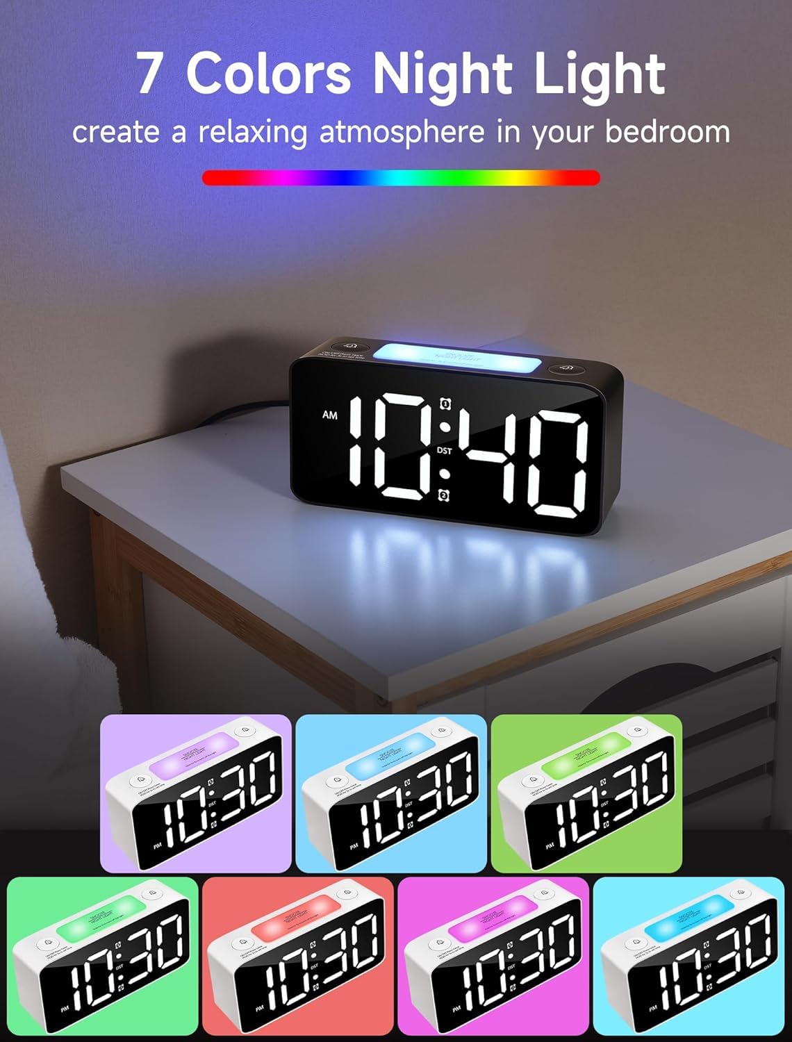 Digital Alarm Table Clock 7-Inch, RGB Color Display, USB Ports, Super Loud Alarm