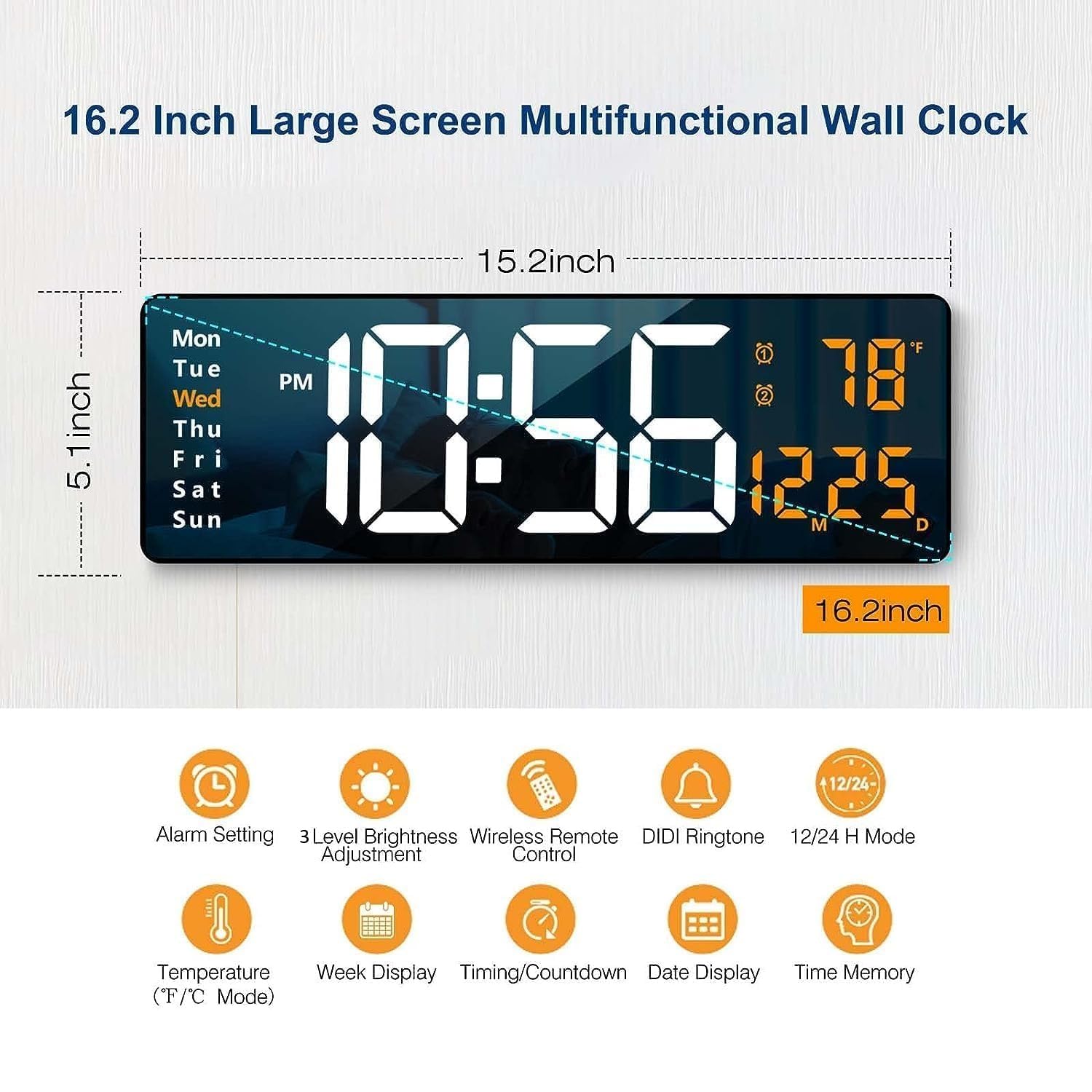 Digital Alarm Wall Clock & Table Clock With Large LED Display 16.2-Inch