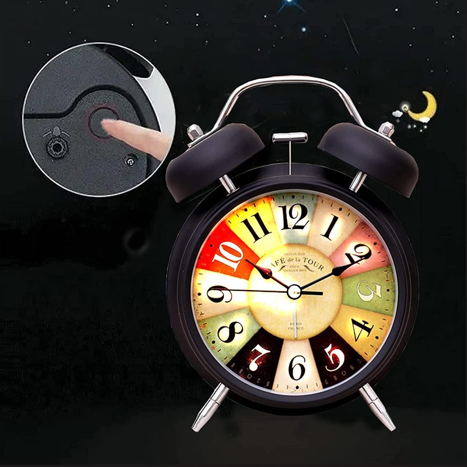 Table Clock with Two Bells, Analog Display, Night LED Light(Black Vintage)