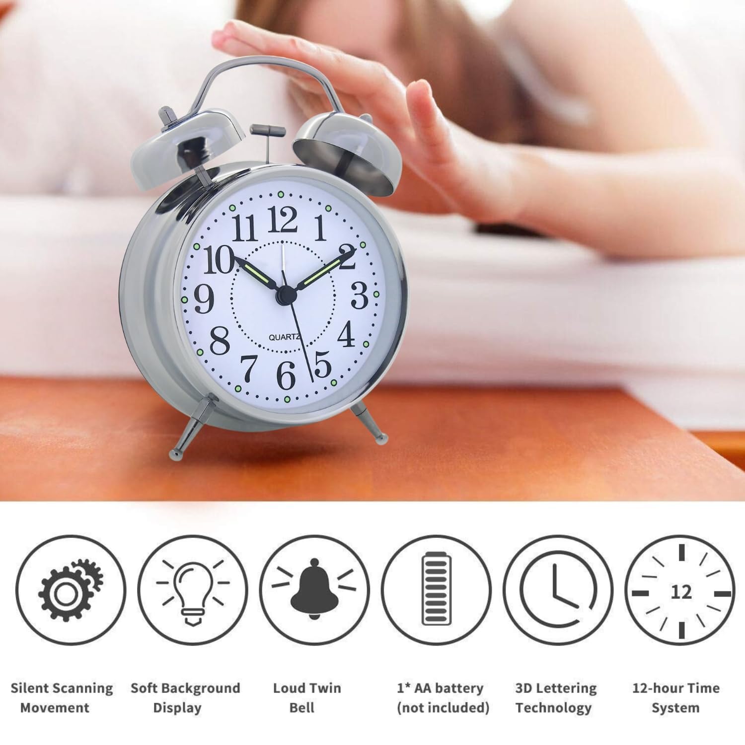 Retro Twin Bell Table Clock, Metal Frame Alarm Clock with Night Backlight,(Silver Clock)