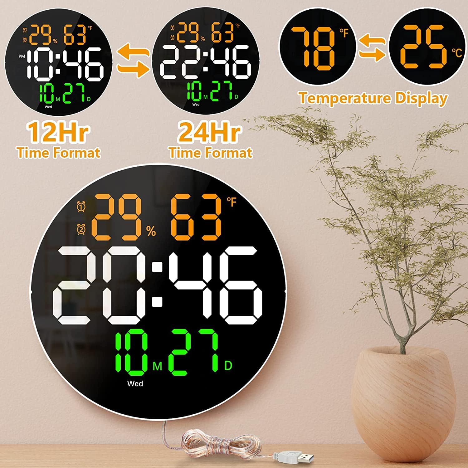 Digital Alarm Wall Clock Table Clock with Remote 10-Inch