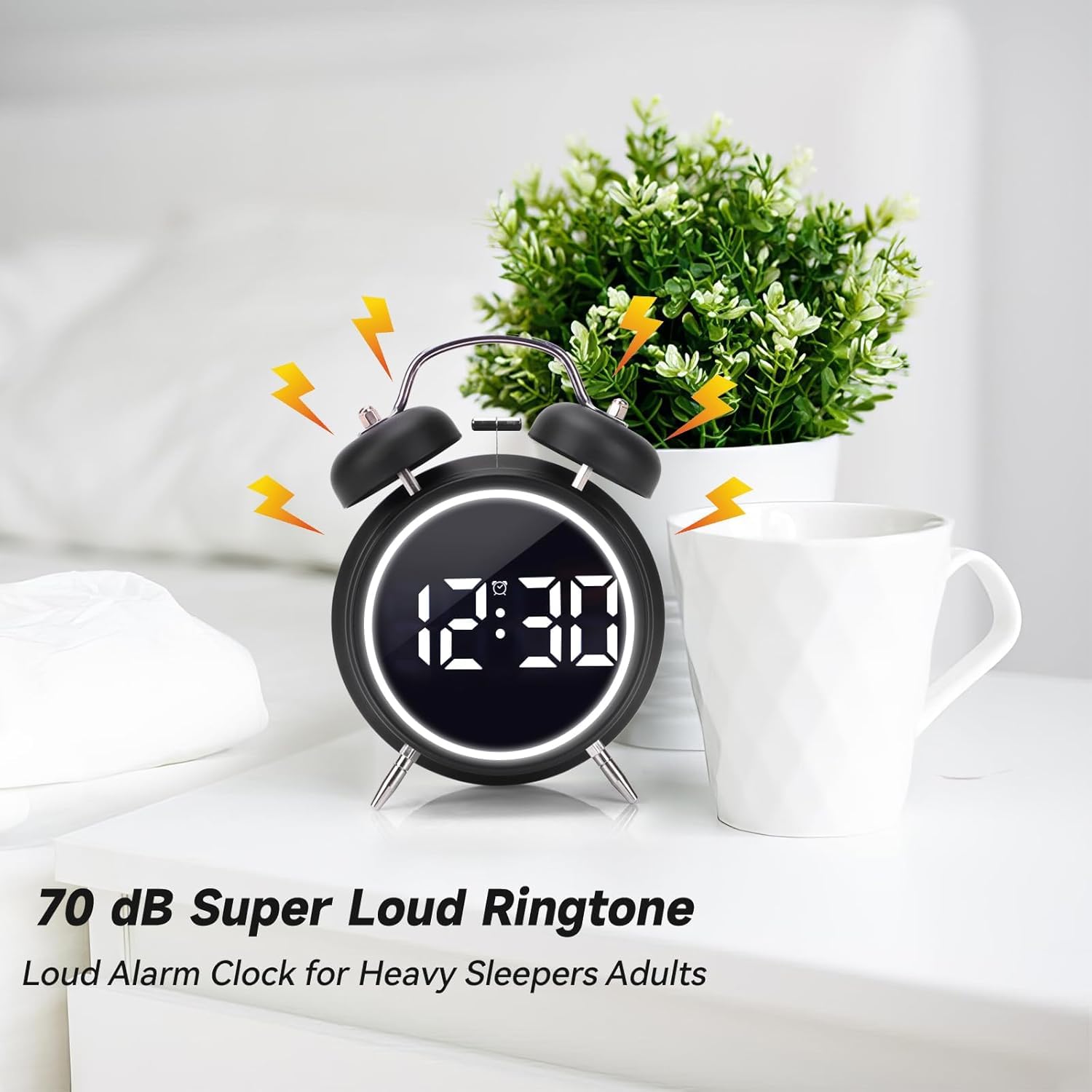Digital Alarm Clock, Table Clock Double Bell LED Silent Metal Clock (Big Black)