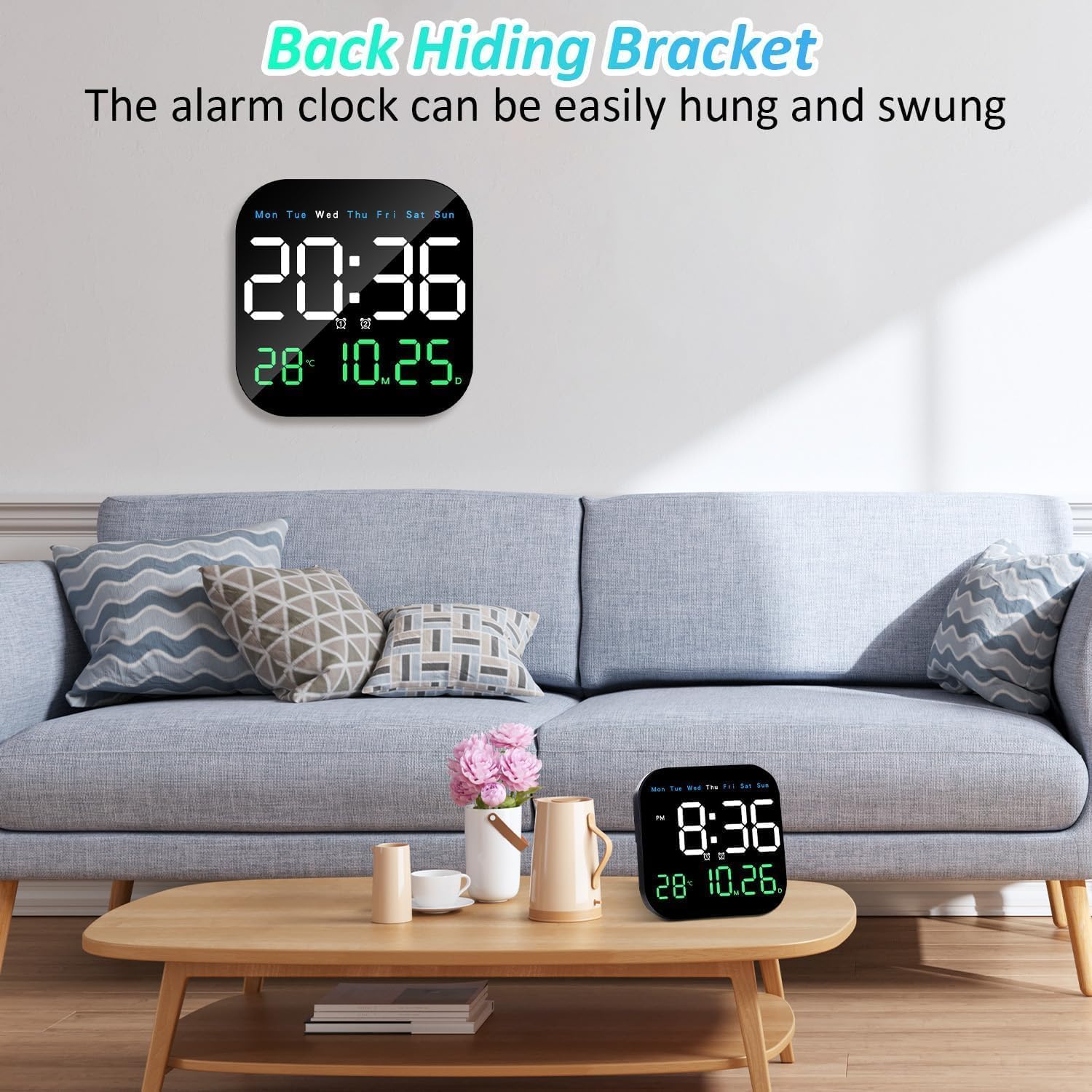 Digital Alarm Wall Clock, LED Display with Date, Temperature, Day of Week With Remote Control