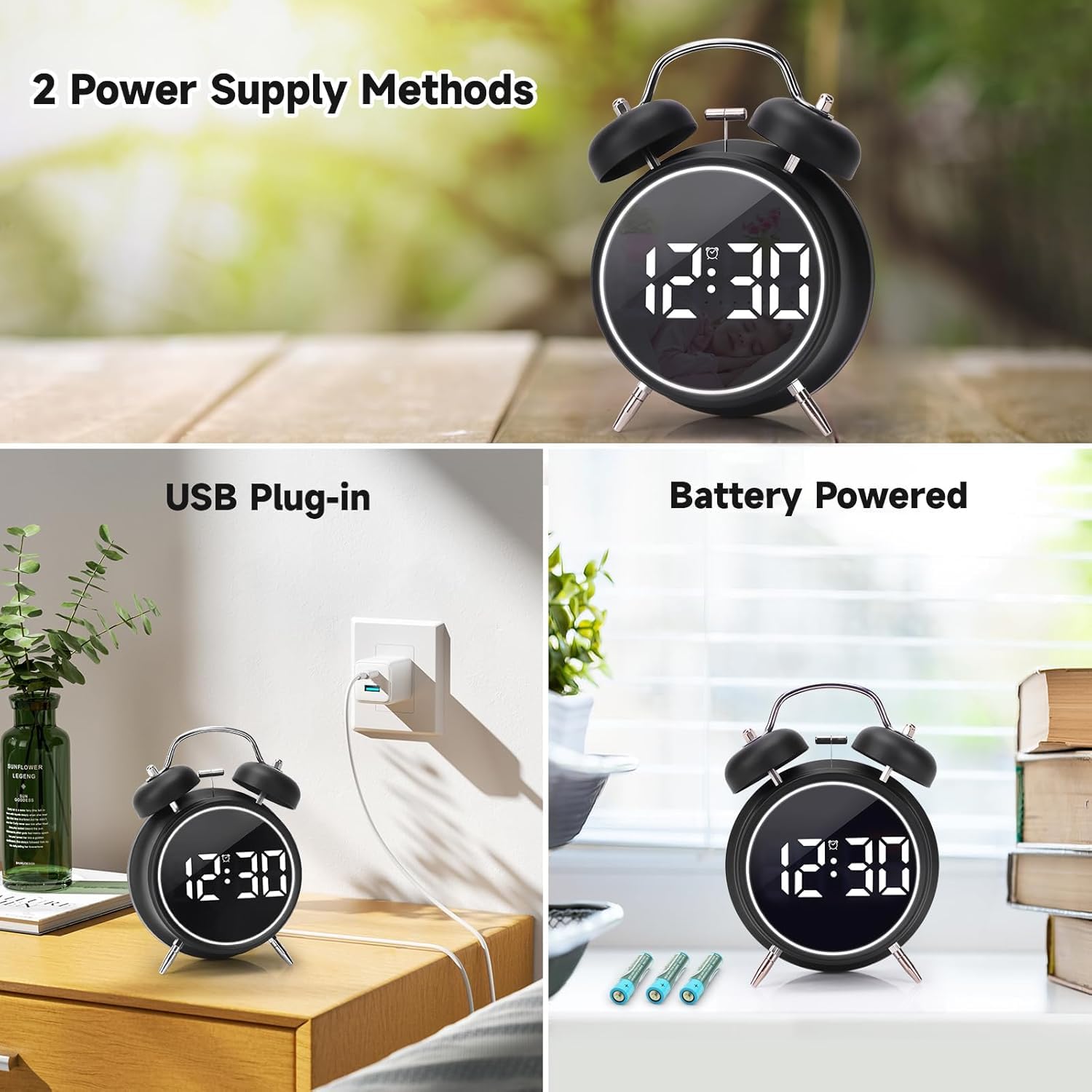 Digital Alarm Clock, Table Clock Double Bell LED Silent Metal Clock (Big Black)
