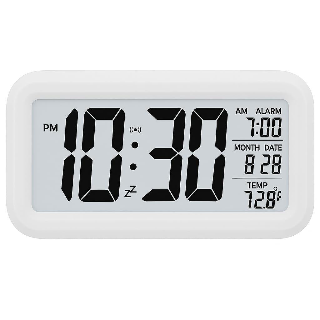 Digital Alarm Clock, Table Clock with Automatic Sensor, Date and Temperature Display(White)