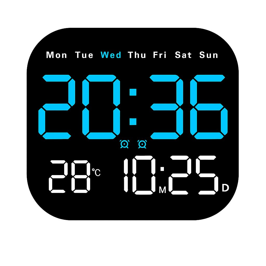 Digital Alarm Wall Clock, LED Display with Date, Temperature, Day of Week With Remote Control