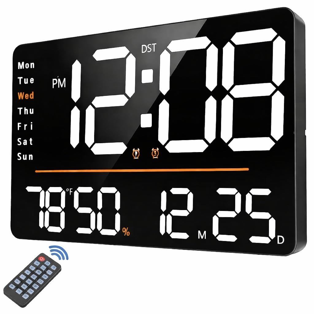 Digital Alarm Wall Clock, LED Display with Remote Control 16-Inch