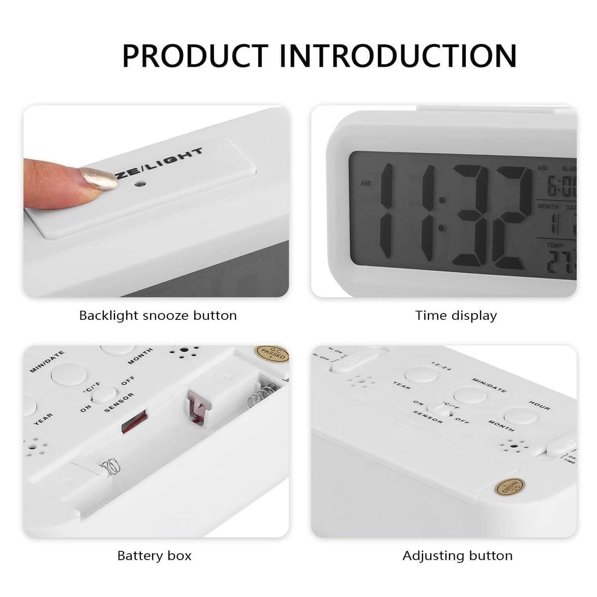 Digital Alarm Clock, Table Clock with Automatic Sensor, Date and Temperature Display(White)