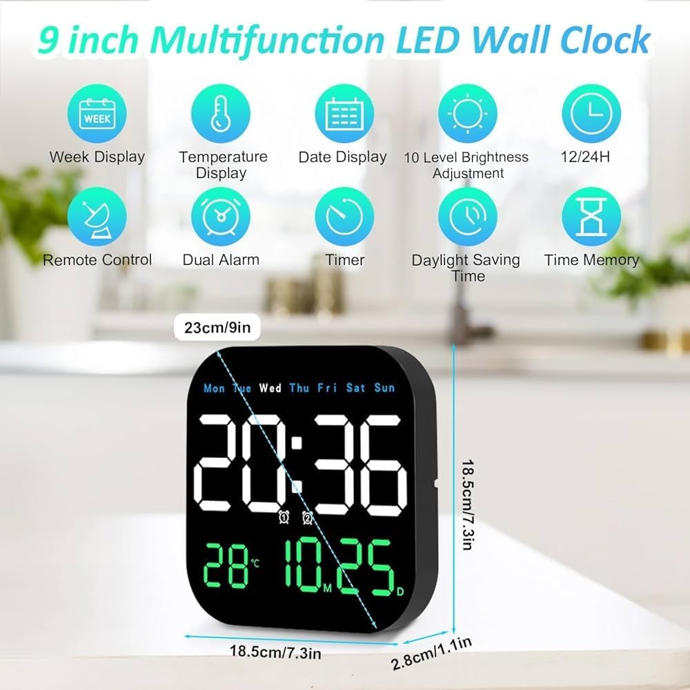 Digital Alarm Wall Clock, LED Display with Date, Temperature, Day of Week With Remote Control