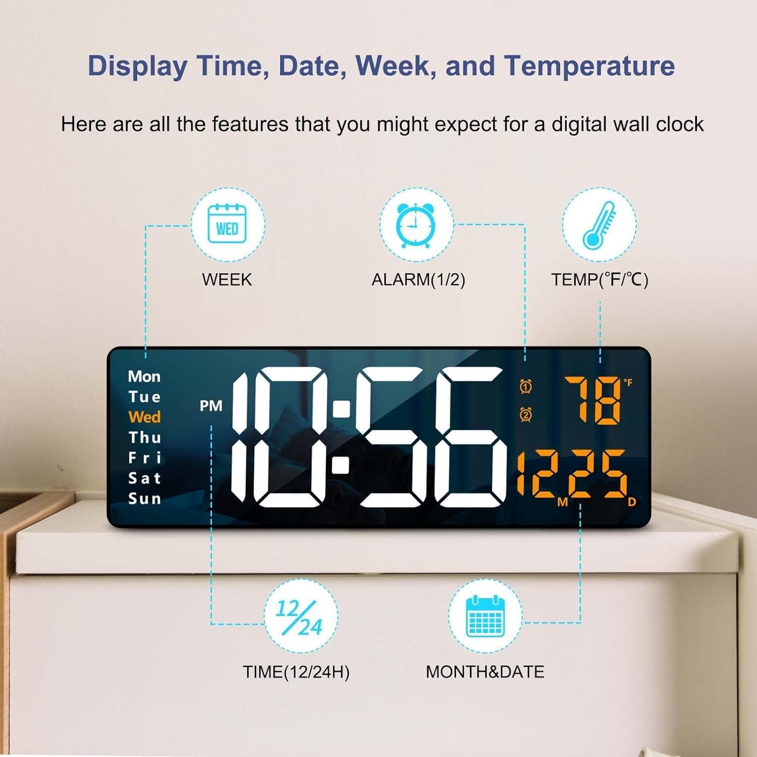 Digital Alarm Wall Clock & Table Clock With Large LED Display 16.2-Inch