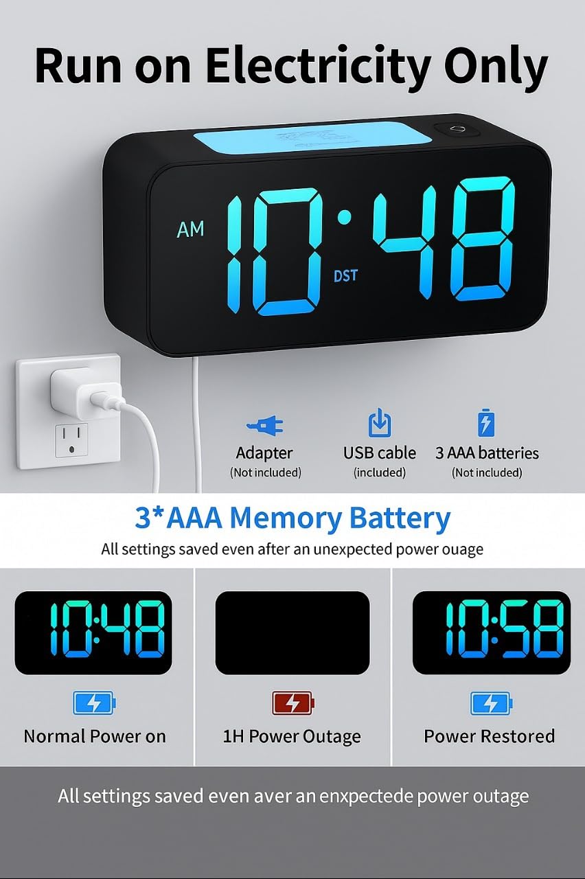 Digital Alarm Table Clock 7-Inch, RGB Color Display, USB Ports, Super Loud Alarm