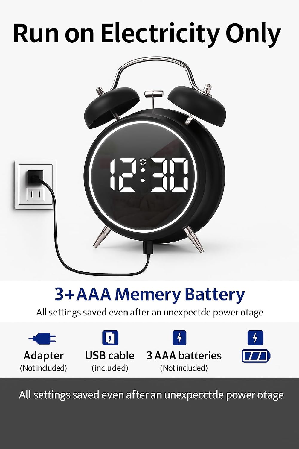 Digital Alarm Clock, Table Clock Double Bell LED Silent Metal Clock (Big Black)