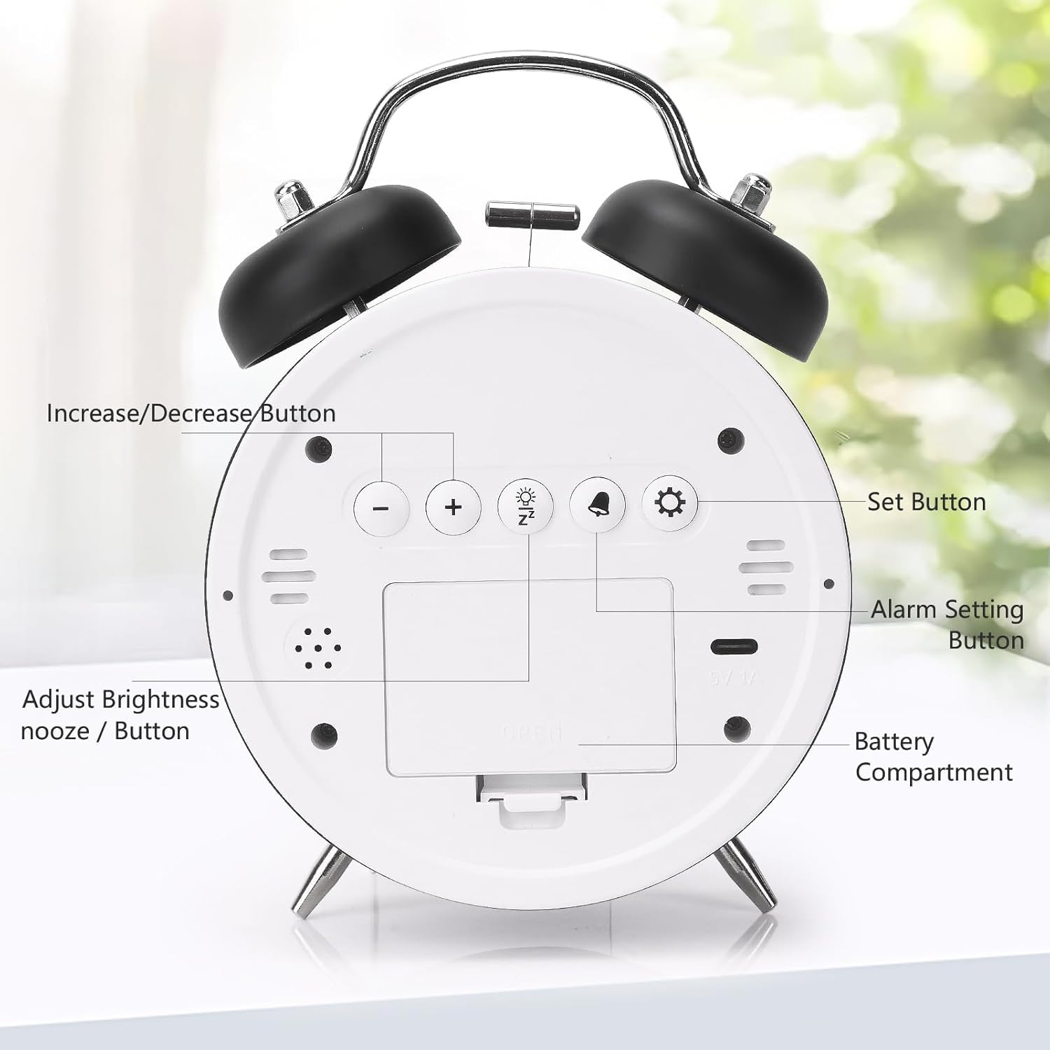 Digital Alarm Clock, Table Clock Double Bell LED Silent Metal Clock (Big Black)