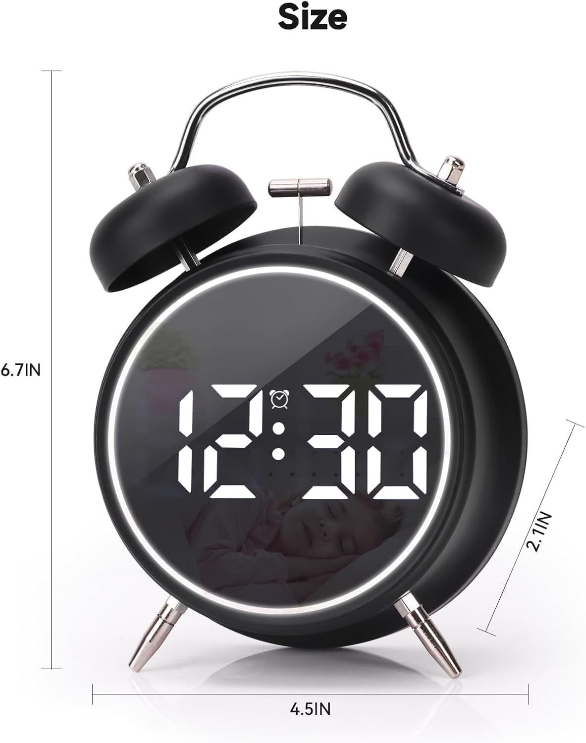Digital Alarm Clock, Table Clock Double Bell LED Silent Metal Clock (Big Black)