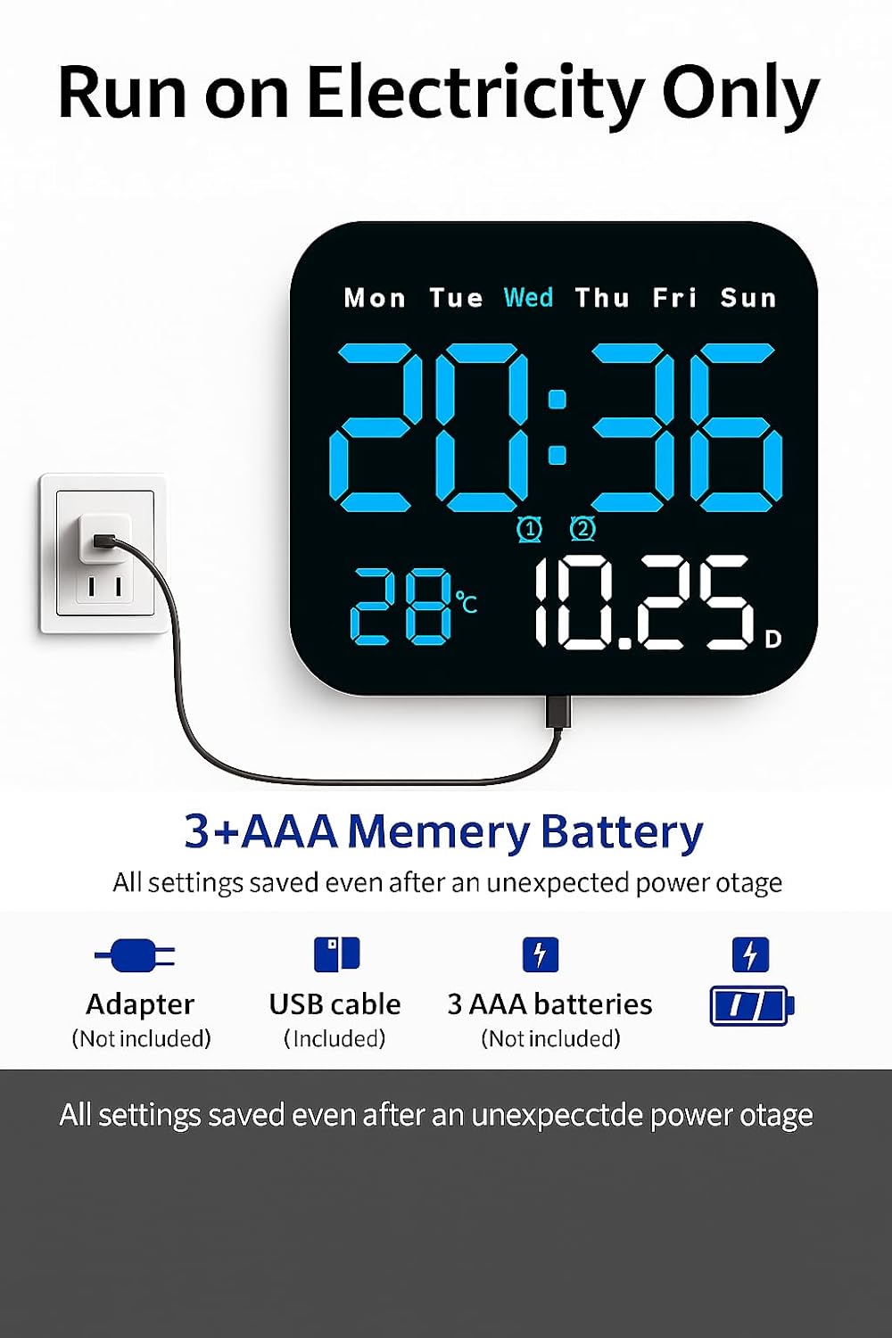 Digital Alarm Wall Clock, LED Display with Date, Temperature, Day of Week With Remote Control