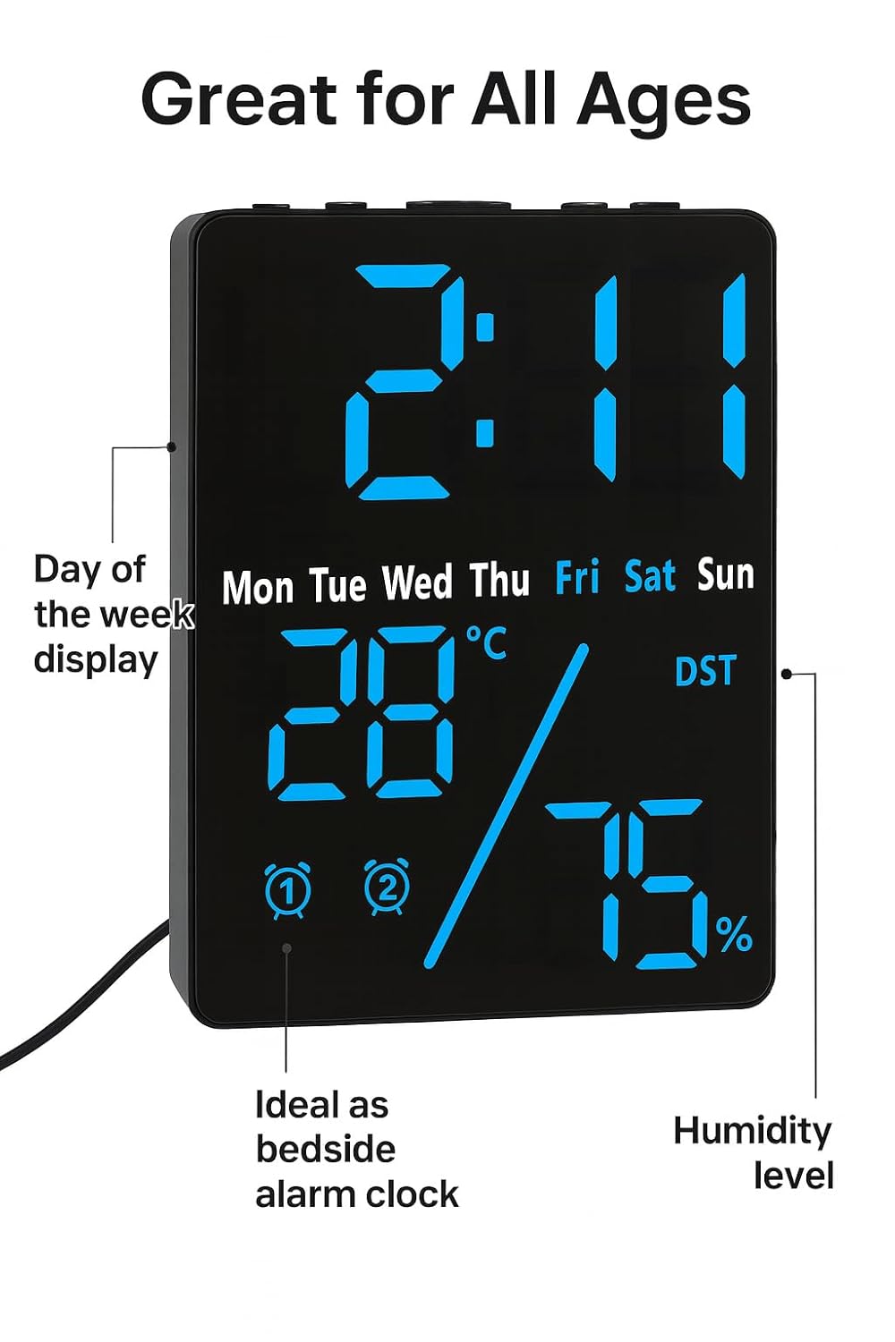 Digital Alarm Clock Table Clock, Temperature and Humidity Monitor Compact Desk Clock (12Cm * 9 Cm)