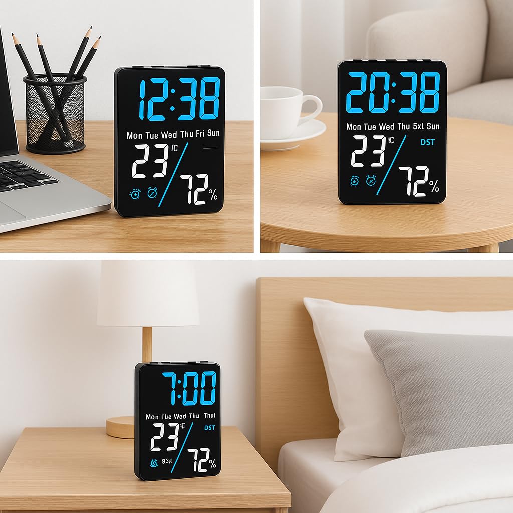 Digital Alarm Clock Table Clock, Temperature and Humidity Monitor Compact Desk Clock (12Cm * 9 Cm)