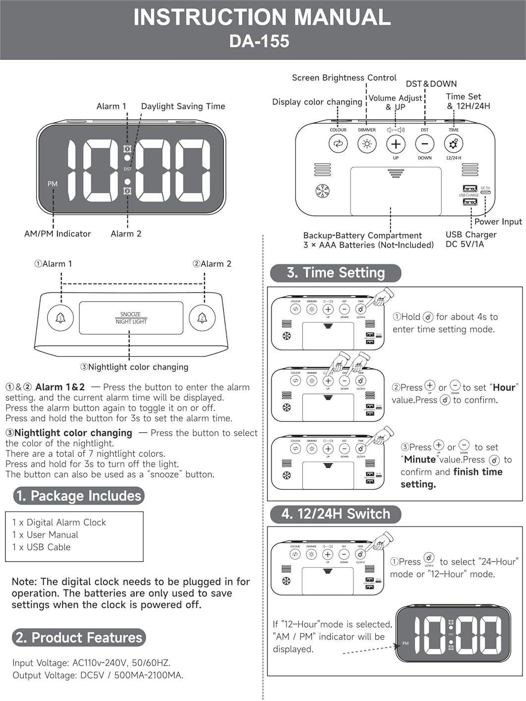 Digital Alarm Table Clock 7-Inch, RGB Color Display, USB Ports, Super Loud Alarm