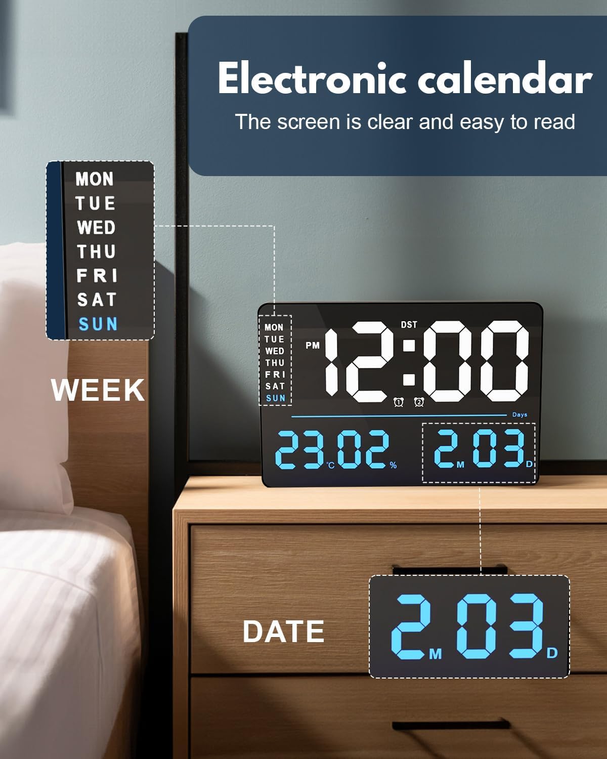 Digital Alarm Wall Clock, LED Display with Remote Control 16-Inch