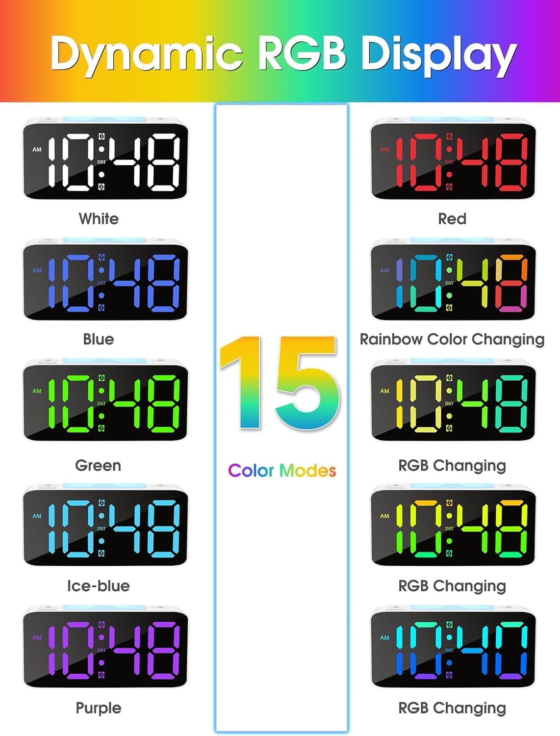 Digital Alarm Table Clock 7-Inch, RGB Color Display, USB Ports, Super Loud Alarm