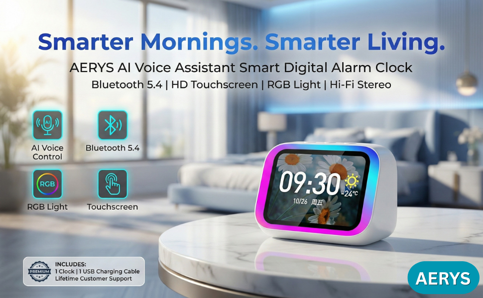 AI Voice Assistant Smart Digital Alarm Clock with Wireless Bluetooth 5.4 Speaker & Dynamic RGB Light,HI-FI Stereo Sound,HD Large Touchscreen Display, Hand Free Calling,Weather Forecast (White)